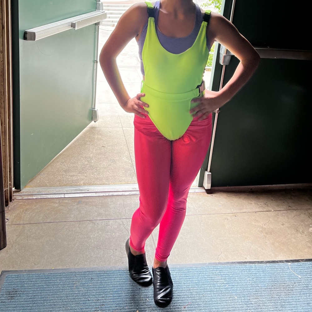 Neon Green One Piece with Belt plus hot pink leggings